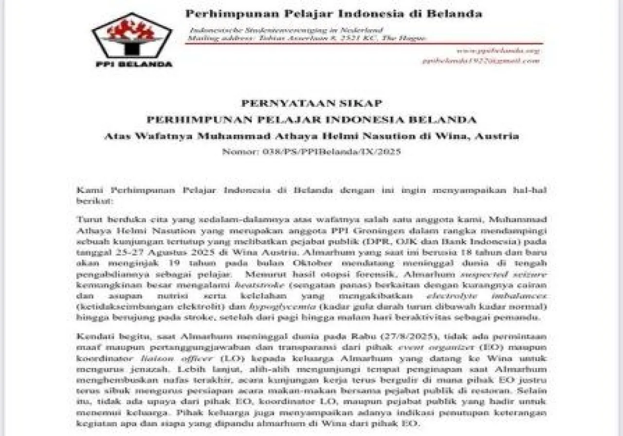 Rilis Perhimpunan Pelajar Indonesia Belanda atas Wafatnya Muhammad Athaya Helmi