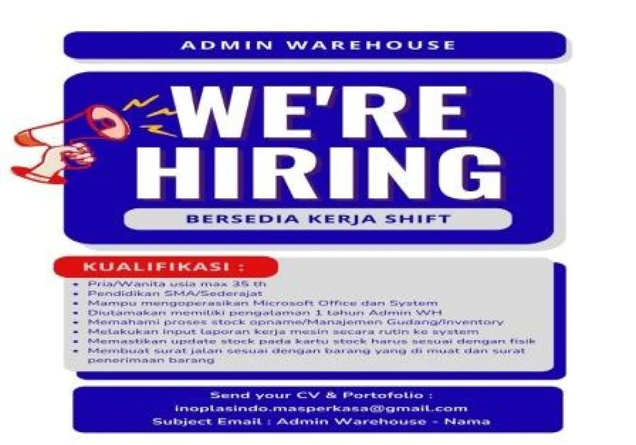 Lowongan Admin Warehouse di PT Inoplasindo Mas Perkasa