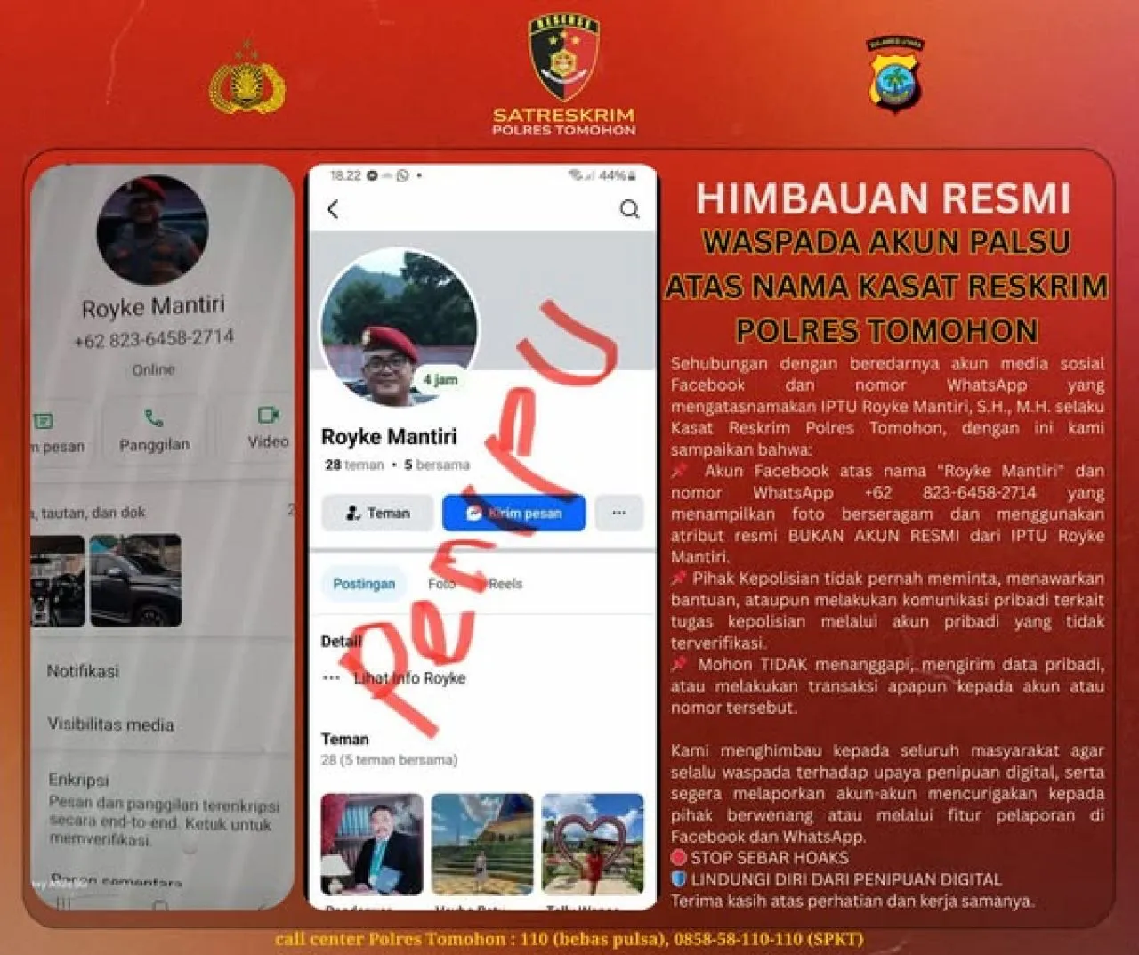 Akun Palsu Atas Nama Kasat Reskrim Polres Tomohon