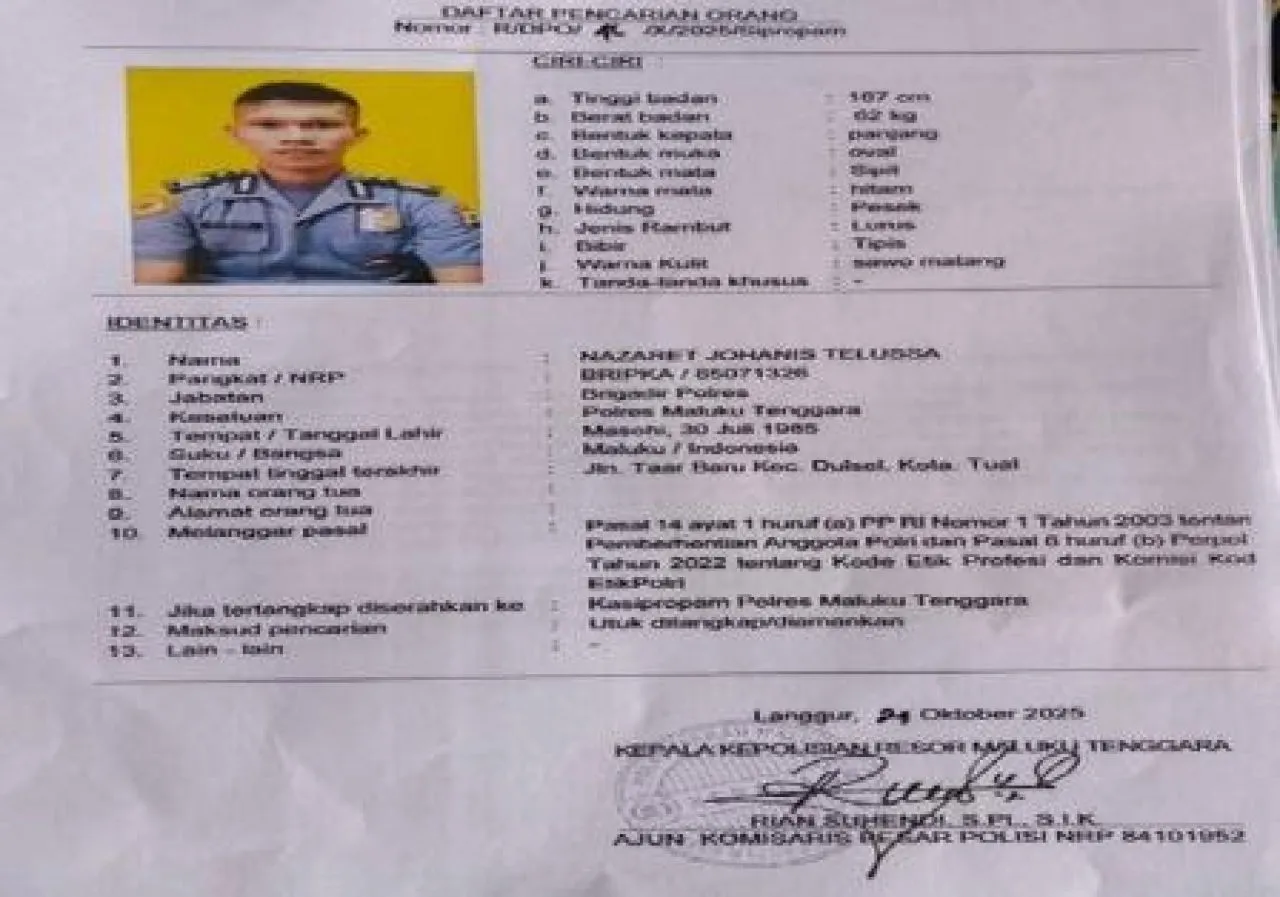 Bripka Nazaret Johanes Telussa Jadi DPO Polres Maluku Tenggara