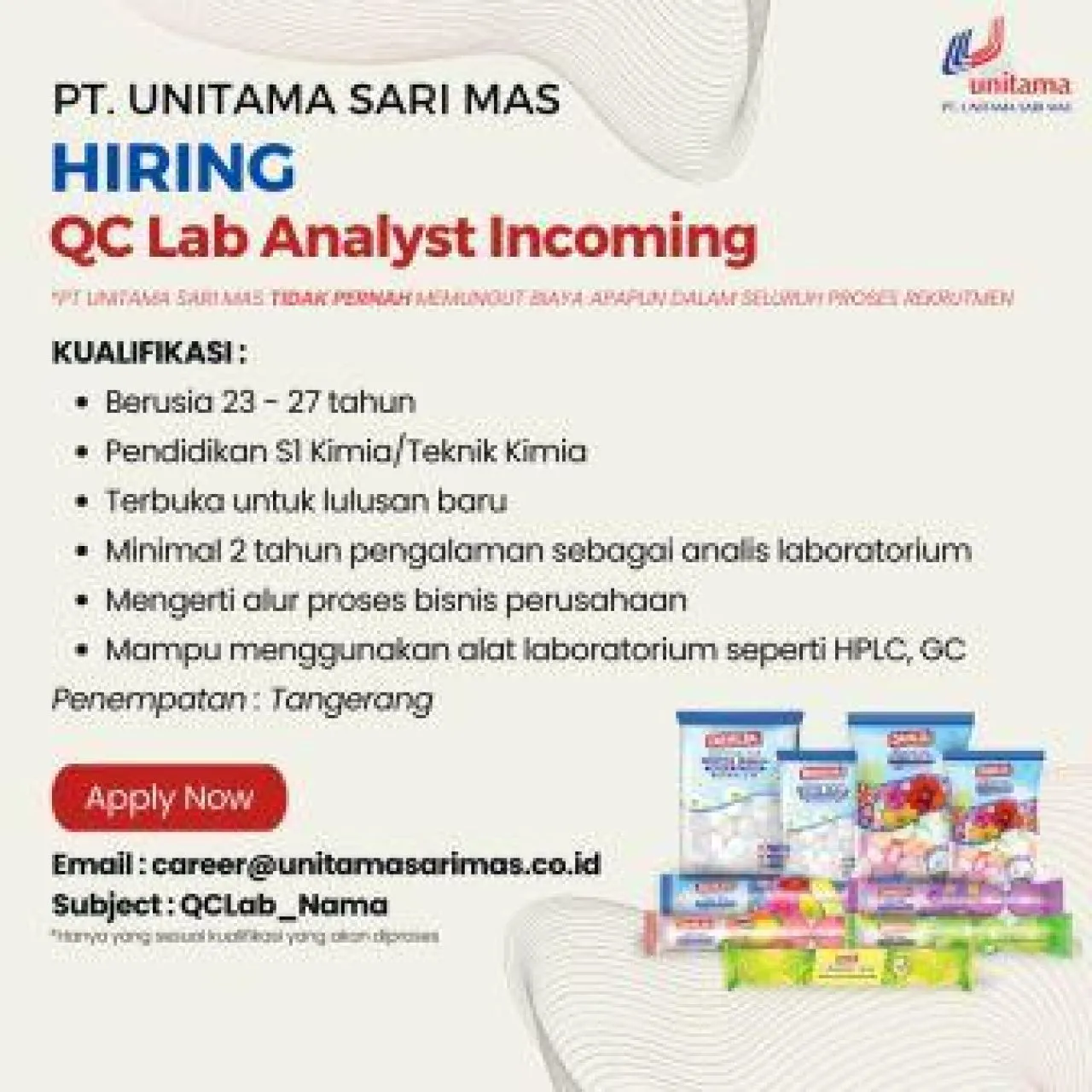 Lowongan Analisis Laboratorium di PT Unitama Sari Mas
