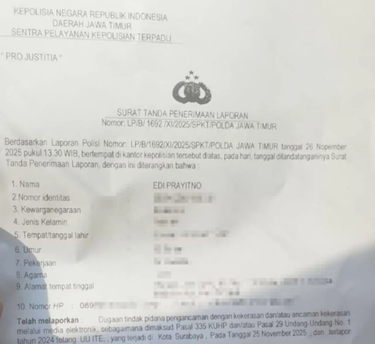 Edi Macan Laporkan Pengancam Keselamatannya ke Polda Jawa Timur