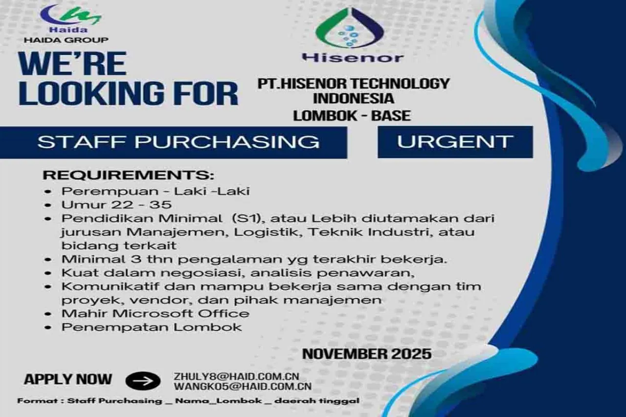 PT Hisenor Technology Indonesia Butuh Staff Purchasing