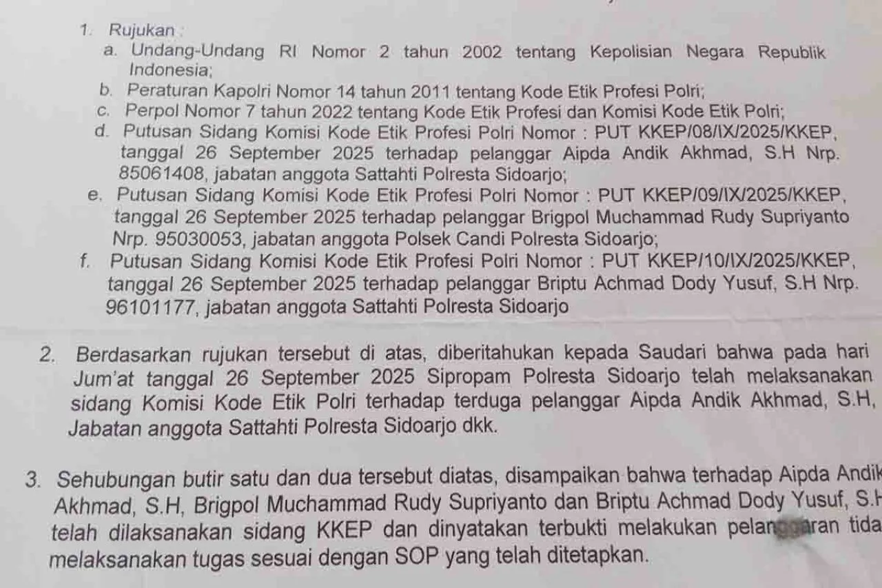 3 Anggota Polresta Sidoarjo Terbukti Langgar Etik, Pidana Menanti