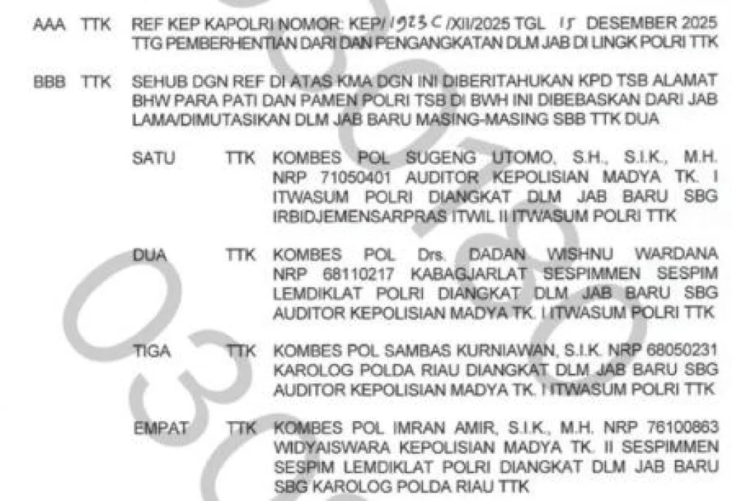 Jelang Akhir Tahun 2025, Pejabat Polri Dimutasi