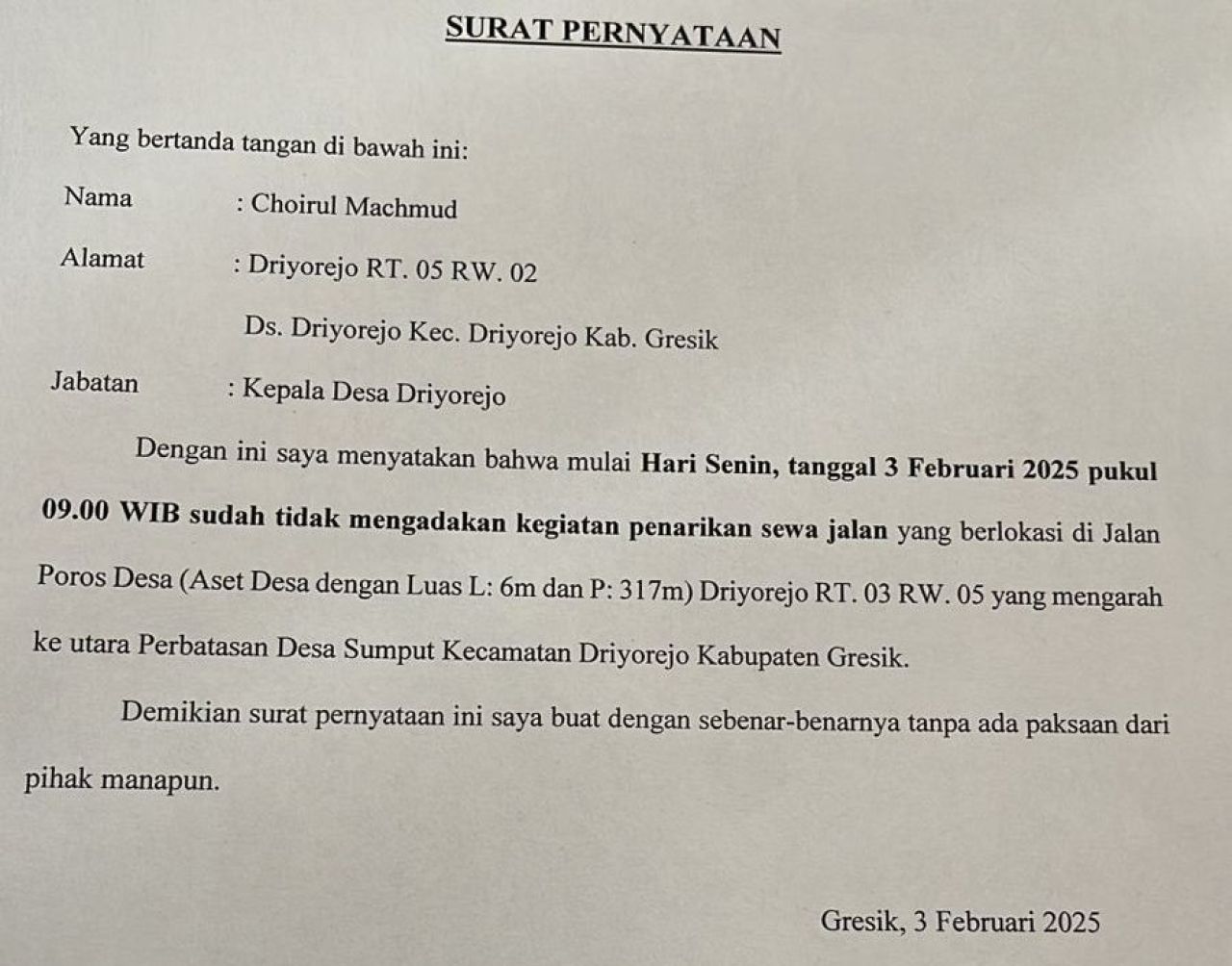 Petikan surat pernyataan Kepala Desa Driyorejo