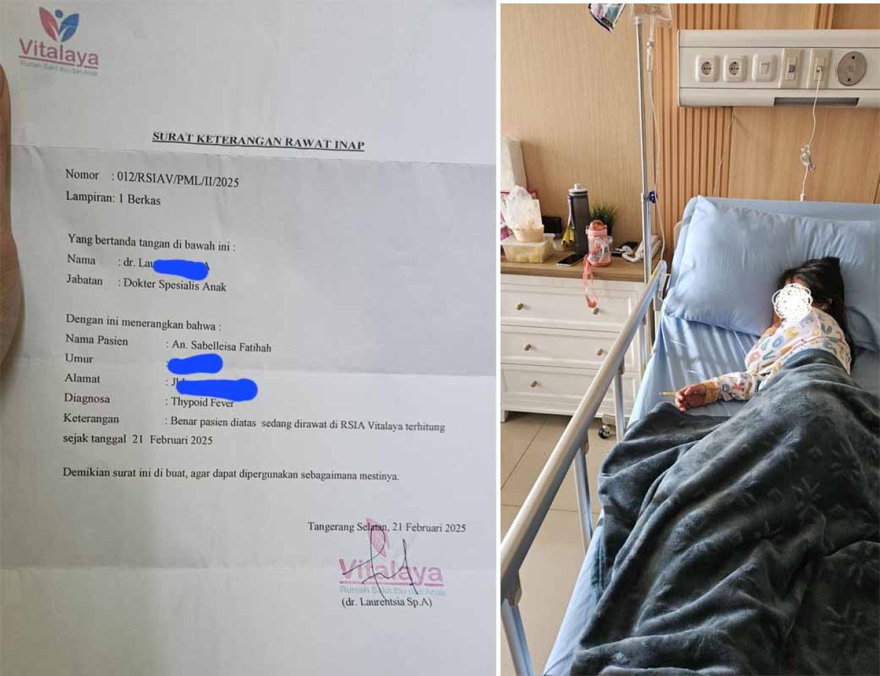 Sabeeleisha Fatihah terbaring di rumah sakit dan surat keterangan sakit dari dokter
