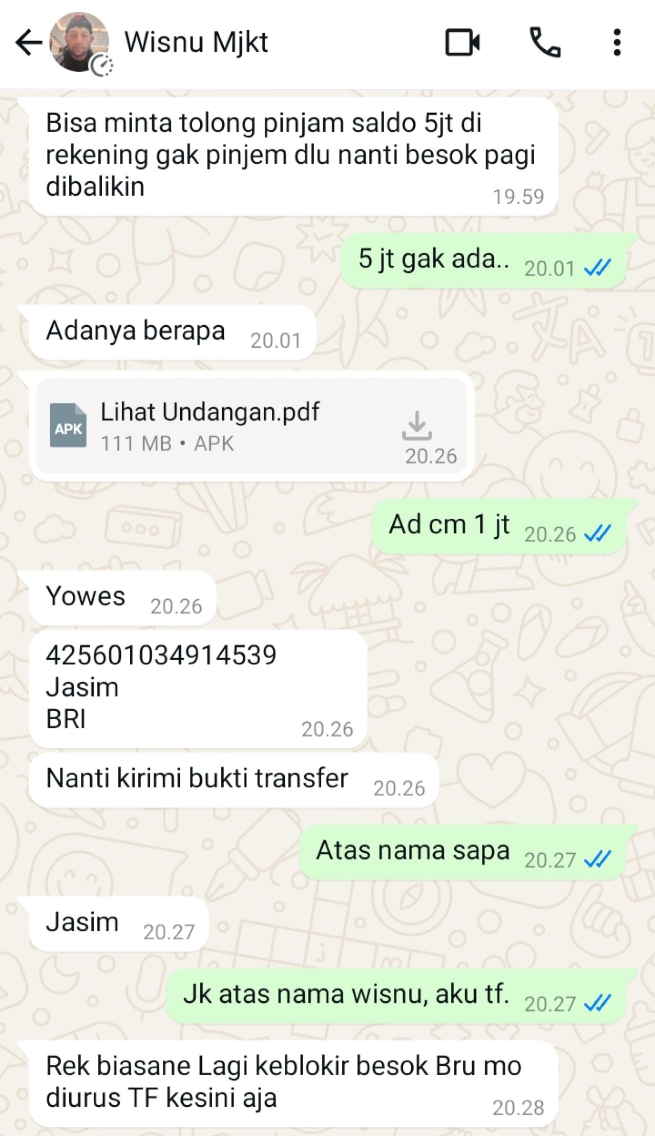 Screenshot chating dengan pelaku pembajakan akun Whatsapp Wisnu