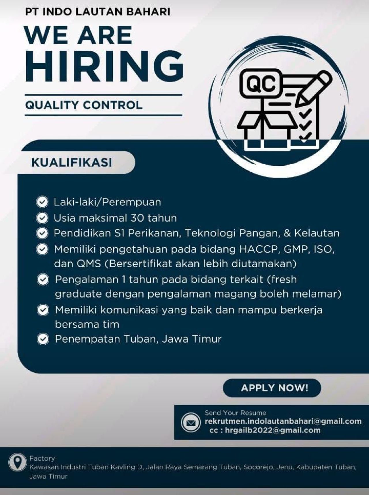 Lowongan di  PT Indo Lautan Bahari