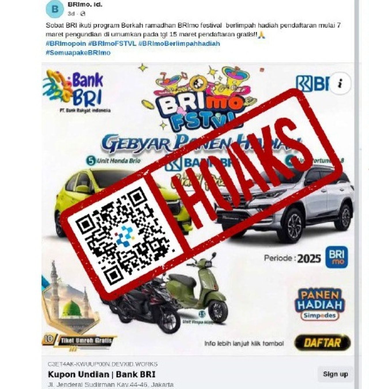 Hoaks tautan undian berhadiah BRI
