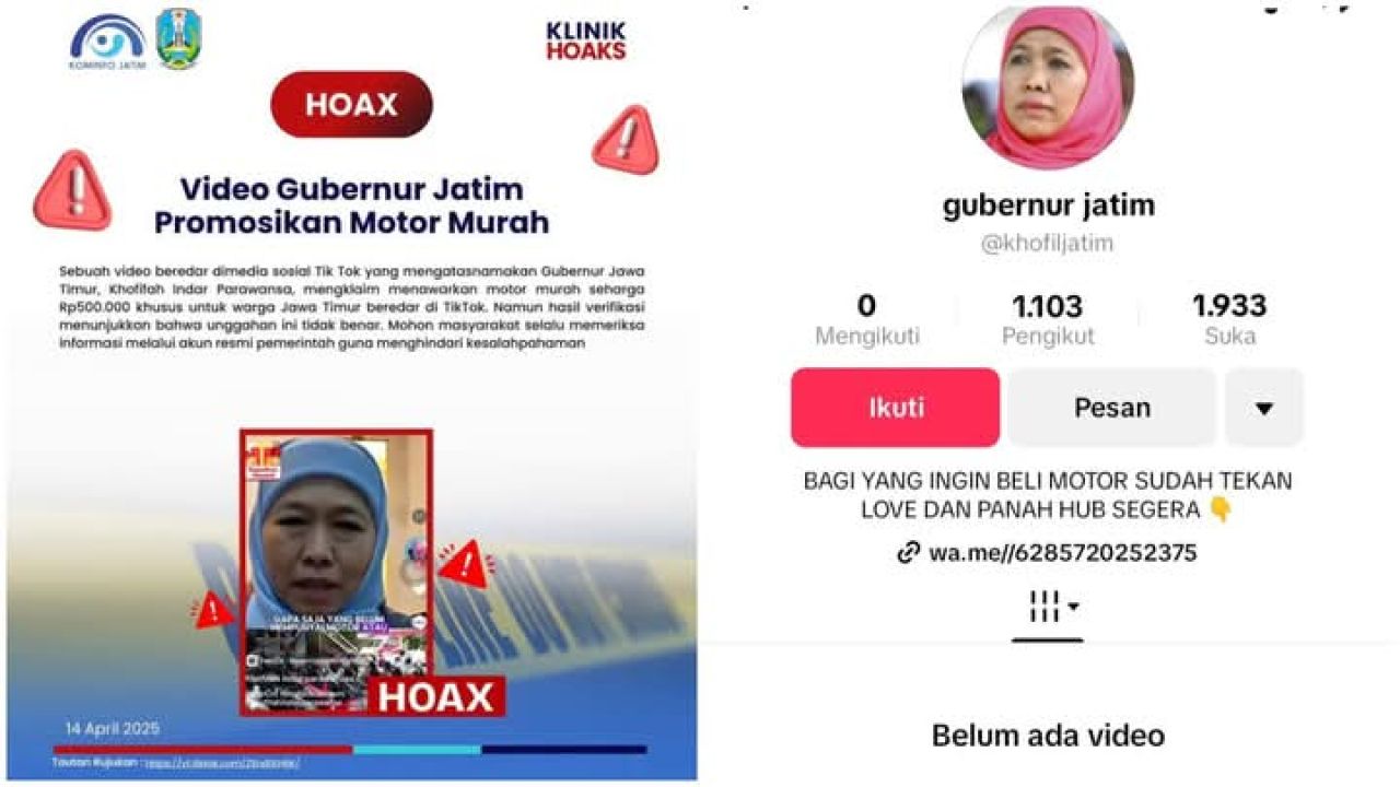 Klarifikasi hoax dan akun TikTok yang berisi Khofifah jualan motor