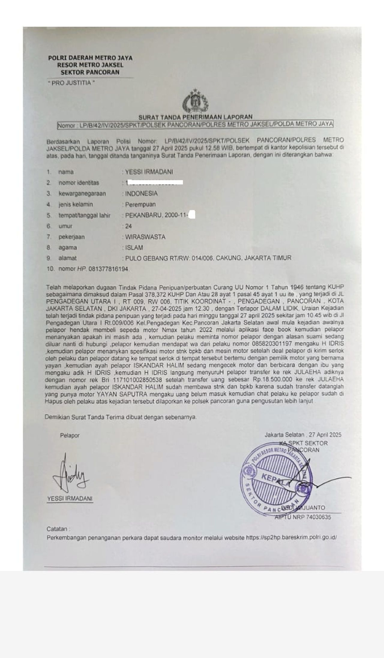 Tanda bukti lapor Yessi Irmadani
