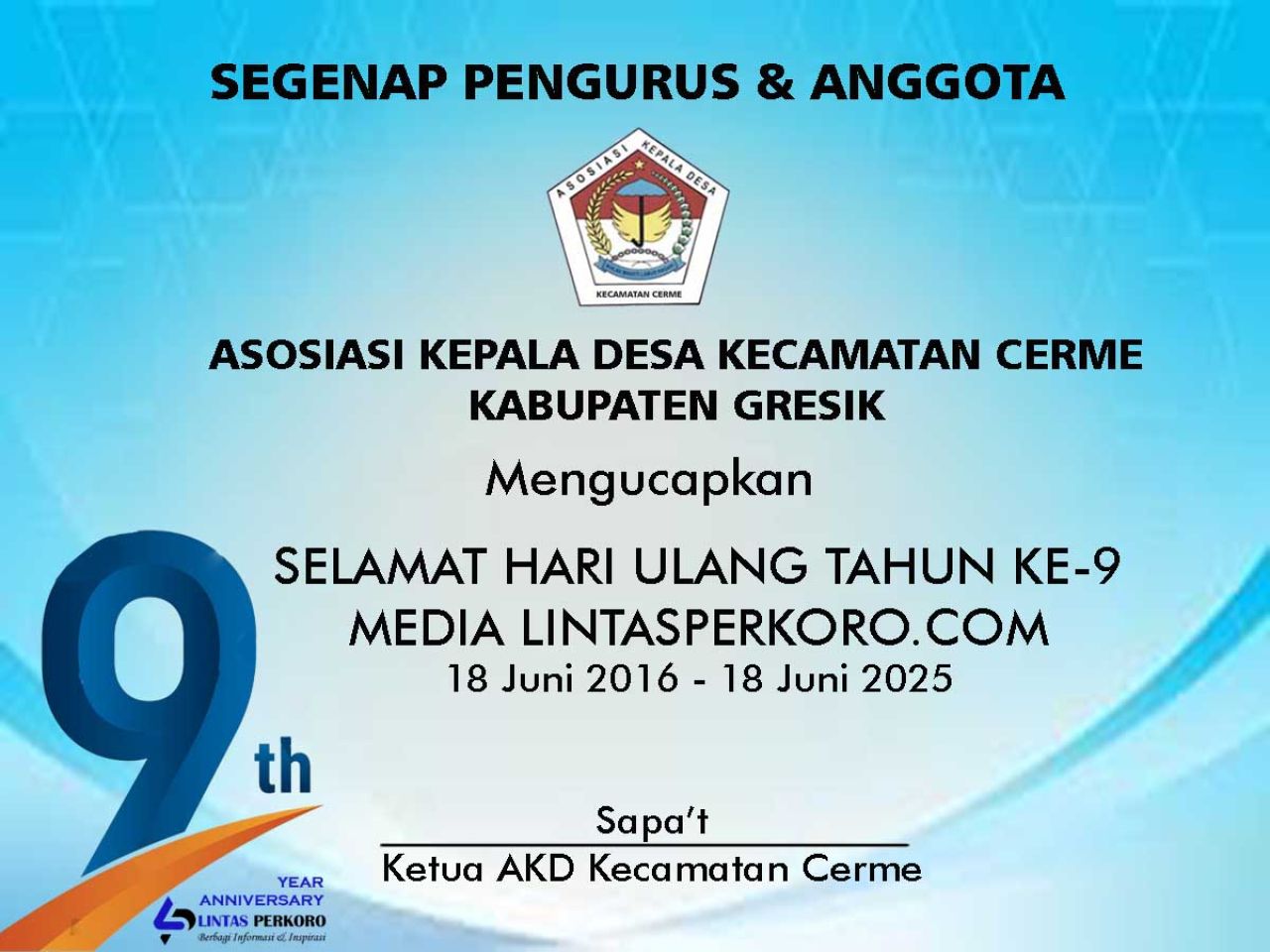 AKD Cemer ucapkan Selamat HUT ke- 9 Lintasperkoro