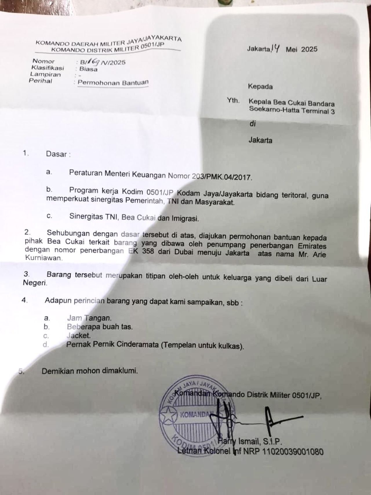 Surat Dandim Jakarta Pusat