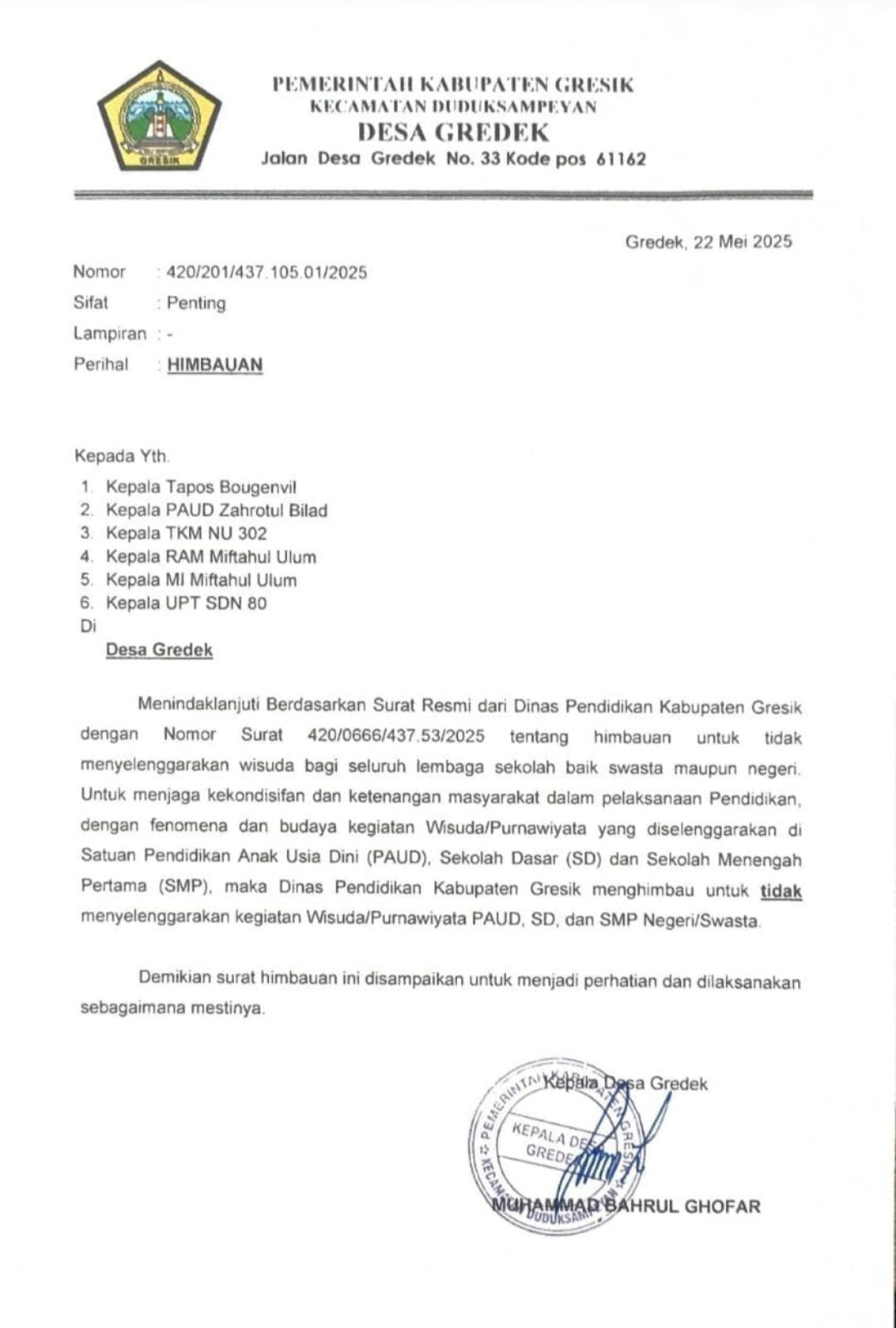 Surat himbauan Kepala Desa Gredek