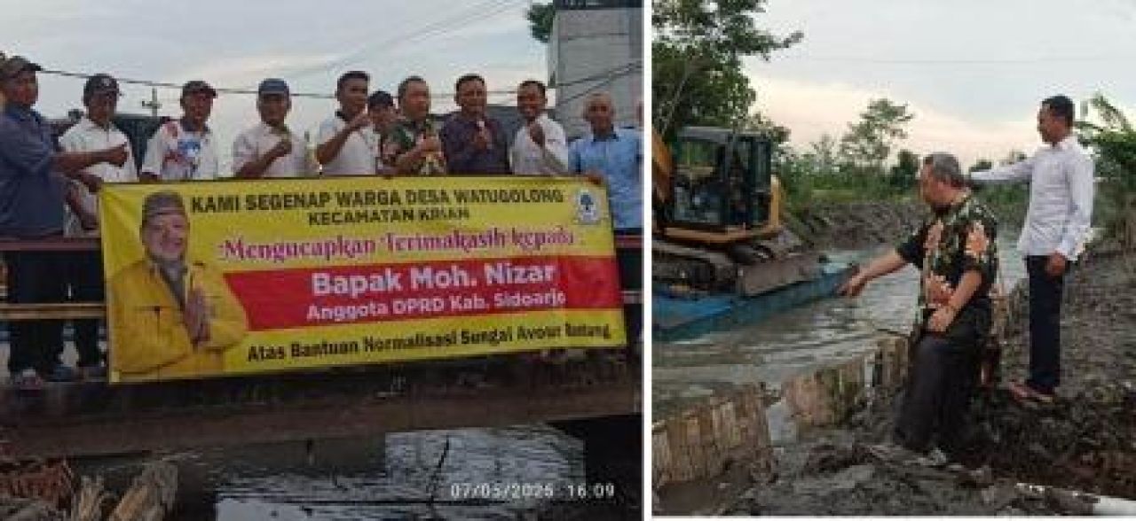 Moh. Nizar bersama Kepala Desa Watugolong meninjau lokasi normalisasi Sungai Buntung