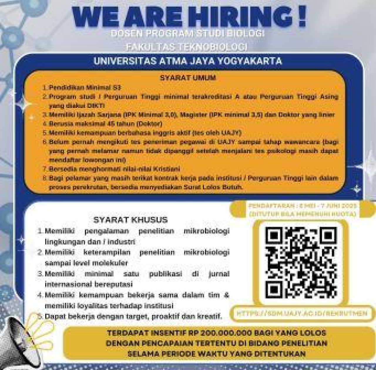 Universitas Atma Jaya Yogyakarta membuka lowongan kerja sebagai Dosen