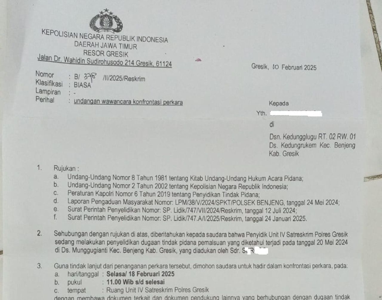 Surat panggilan klarifikasi dari Polres Gresik
