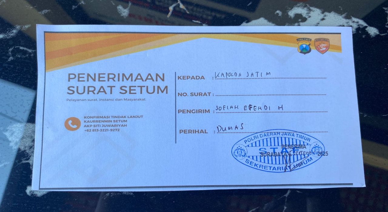 Tanda terima pengadian Sofyan Efendi ke Kapolda Jawa Timur
