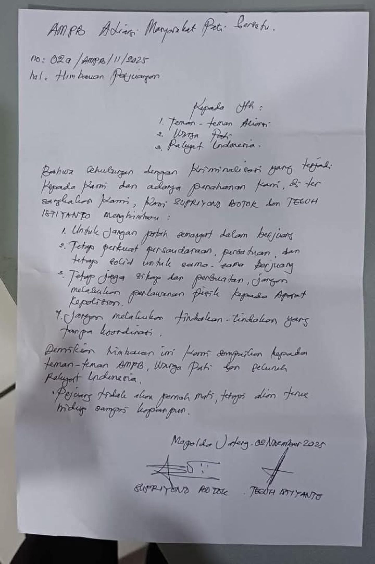 Surat dari Supriyono alias Botok dan Teguh Istiyanto