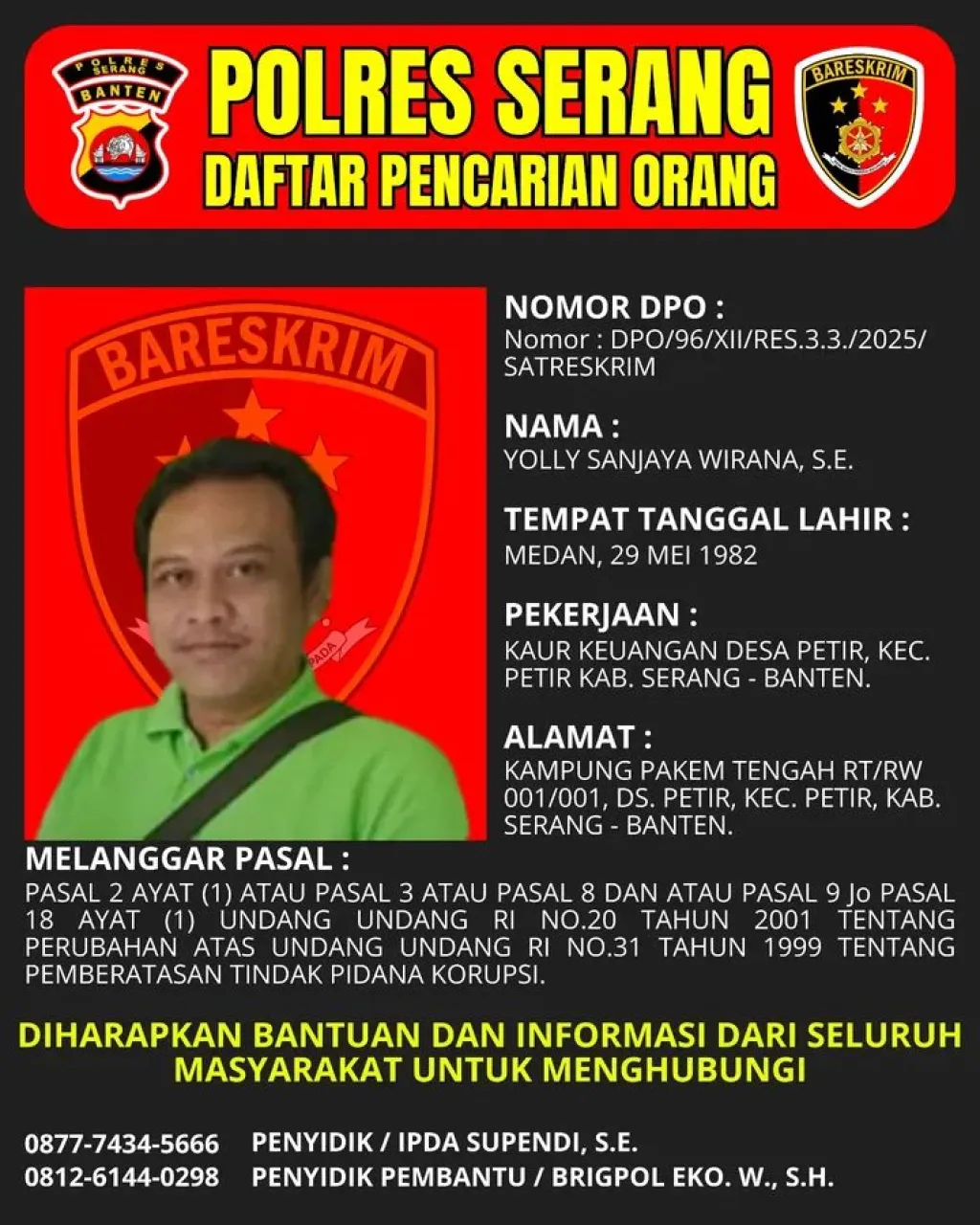 Kaur Keuangan Desa Petir Jadi DPO Polres Serang