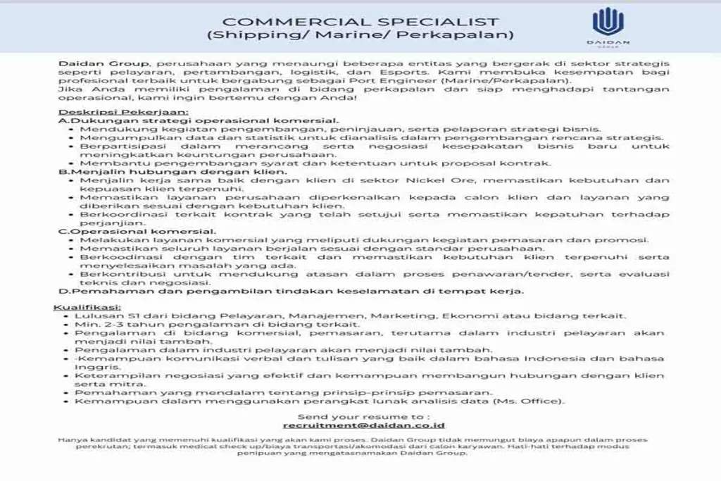 Bergabunglah Bersama Daidan Group dengan Posisi Commercial Specialist