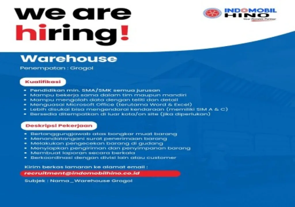 Indomobil Hino Group Buka Lowongan Kerja sebagai Warehouse
