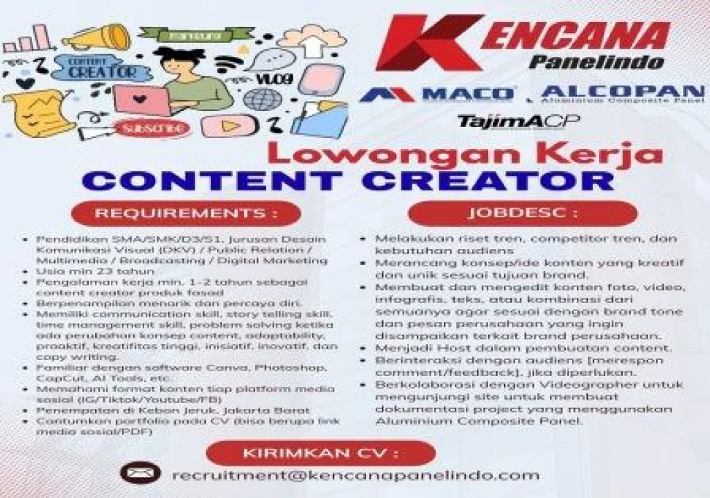 Lowongan Content Creator di PT Kencana Panelindo