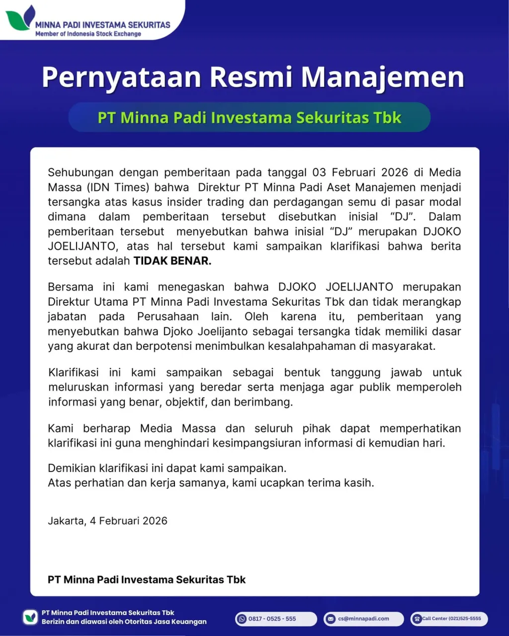 Isu Djoko Joelijanto Jadi Tersangka, PT Minna Padi Investama Sekuritas Klarifikasi