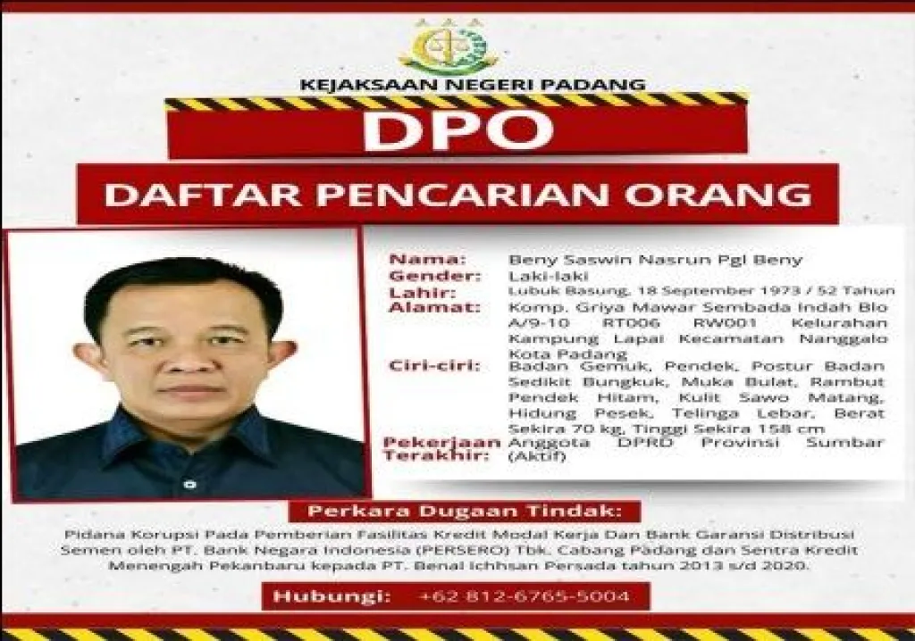 Oknum Anggota DPRD Sumatera Barat Jadi DPO Kejari Padang