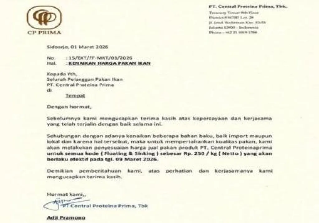 PT Central Proteina Prima Naikkan Harga Pakan Ikan