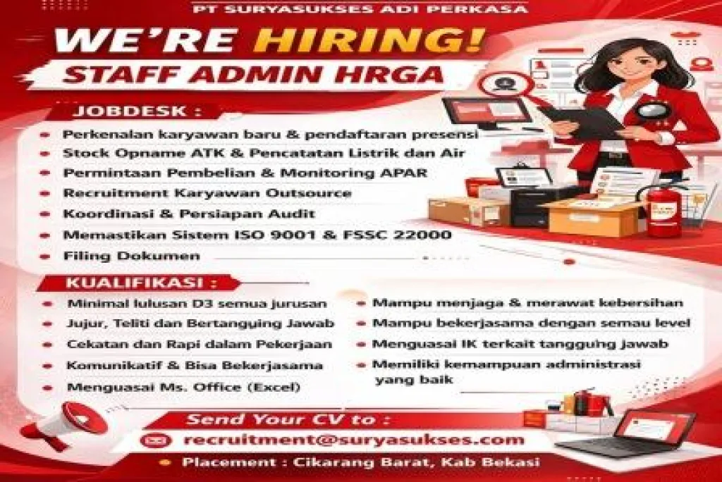 Lowongan Staff Admin di PT Suryasukses Adi Perkasa