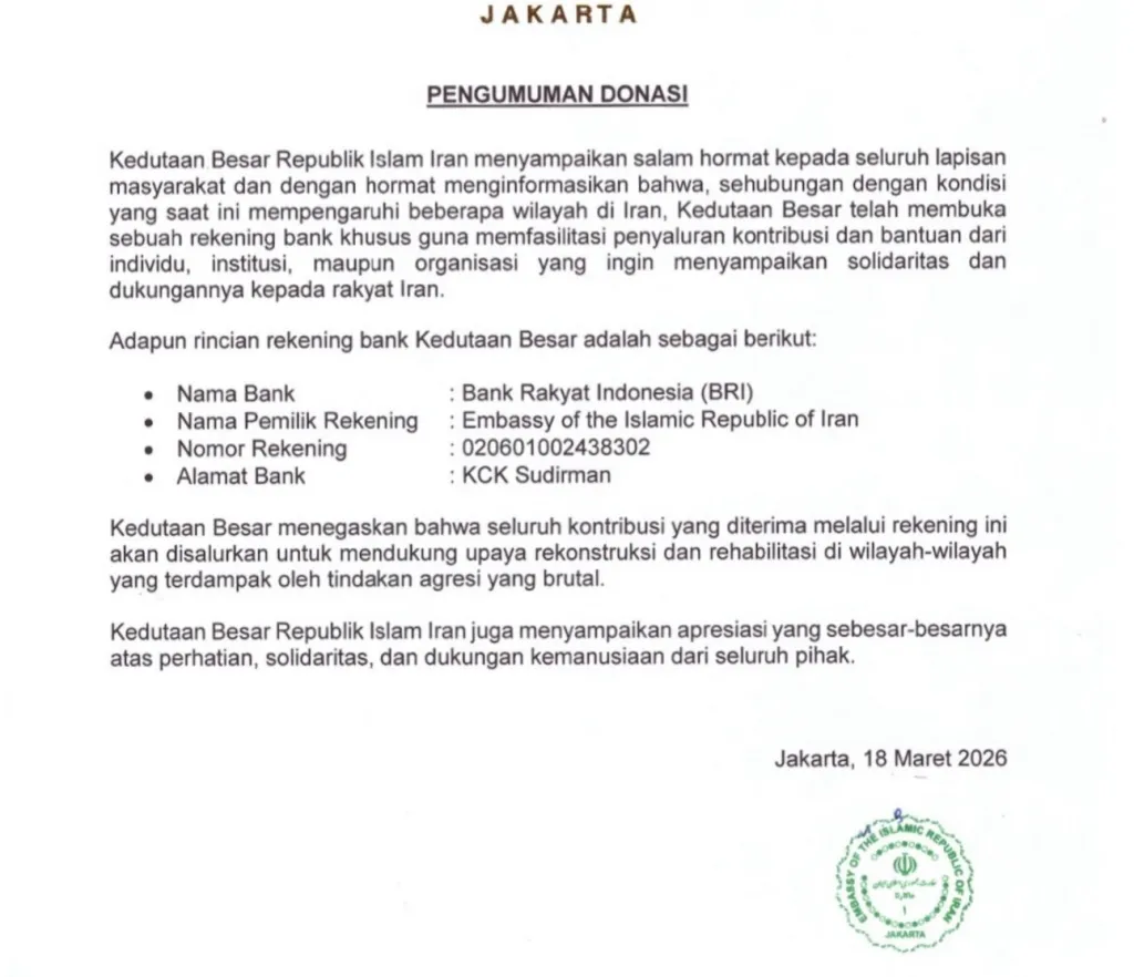 Kedutaan Besar Republik Islam Iran di Indonesia Buka Rekening Donasi