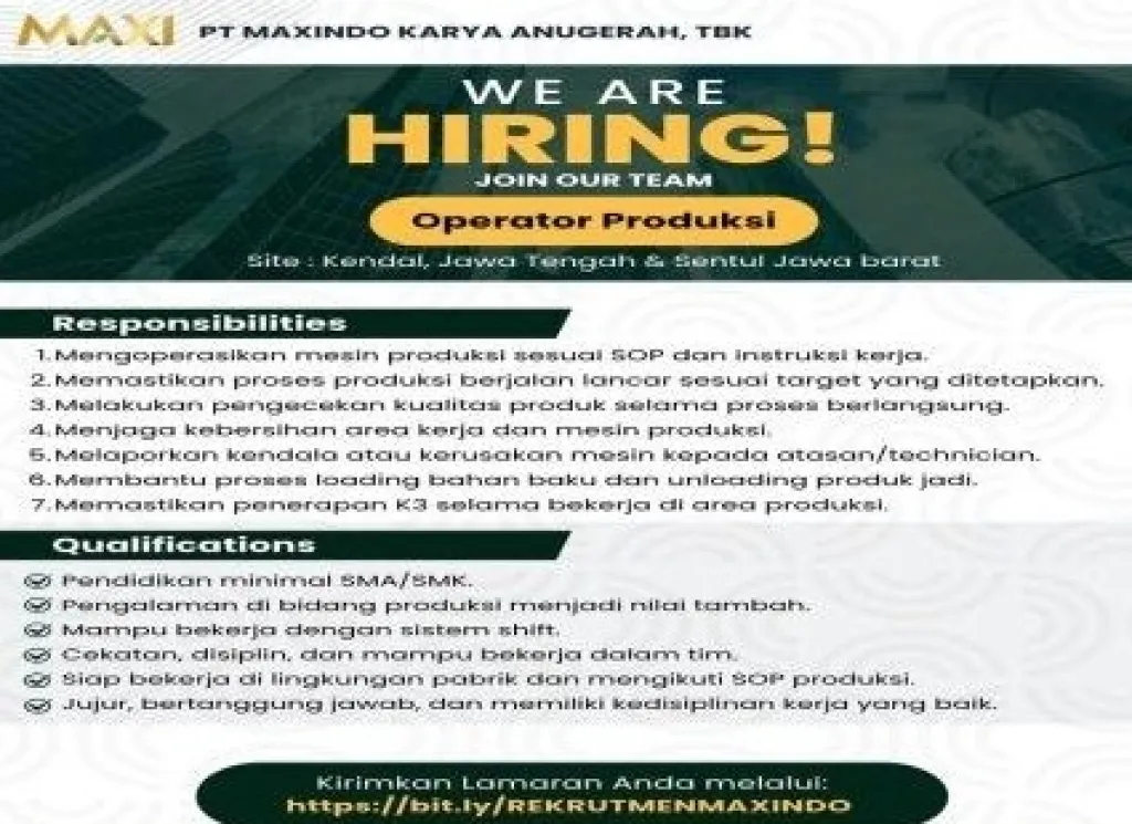 Lowongan di PT Maxindo Karya Anugerah sebagai Operator Produksi