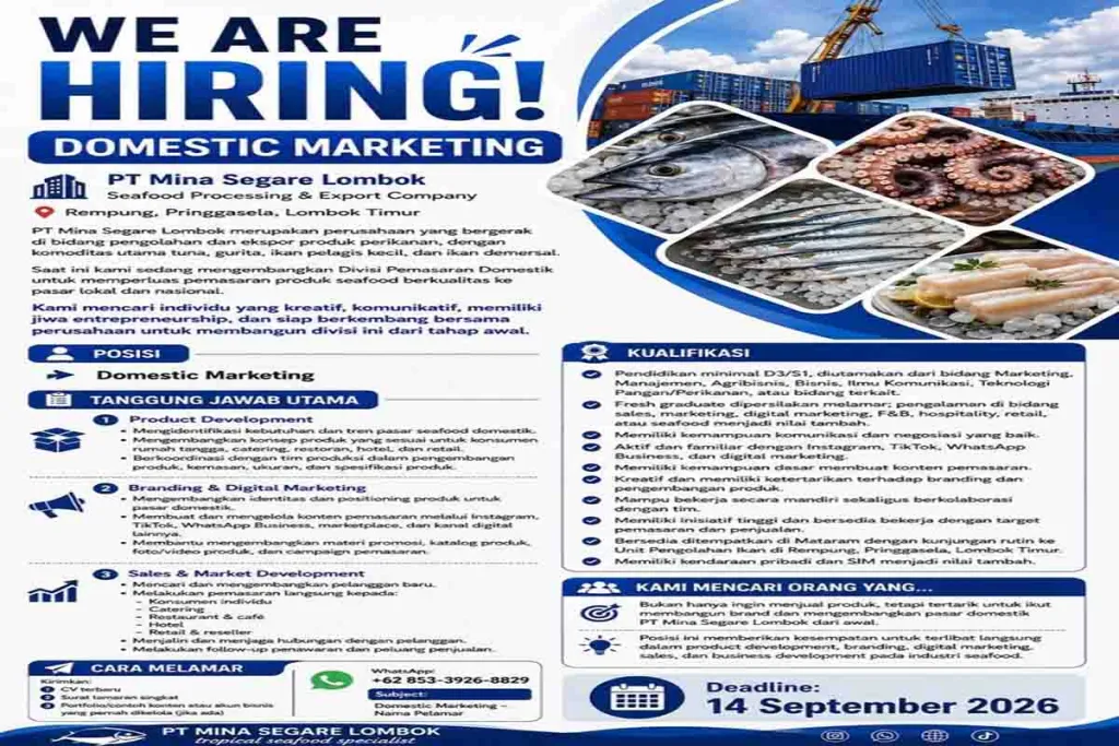 PT Mina Segare Lombok Buka Lowongan Domestic Marketing