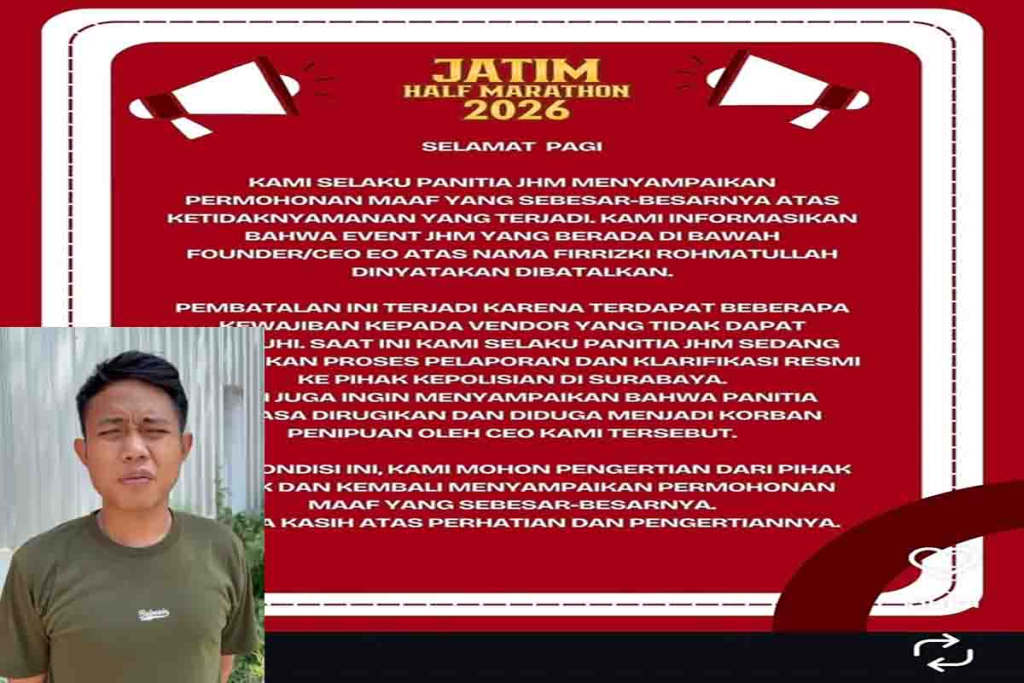 Pengumuman batalnya Jatim Half Marathon 2026. Inzet : Firriski Rahmatullah