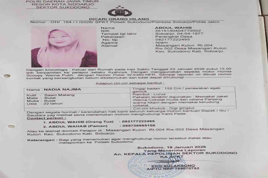 Surat laporan kehilangan anak bernama Nadia Najma