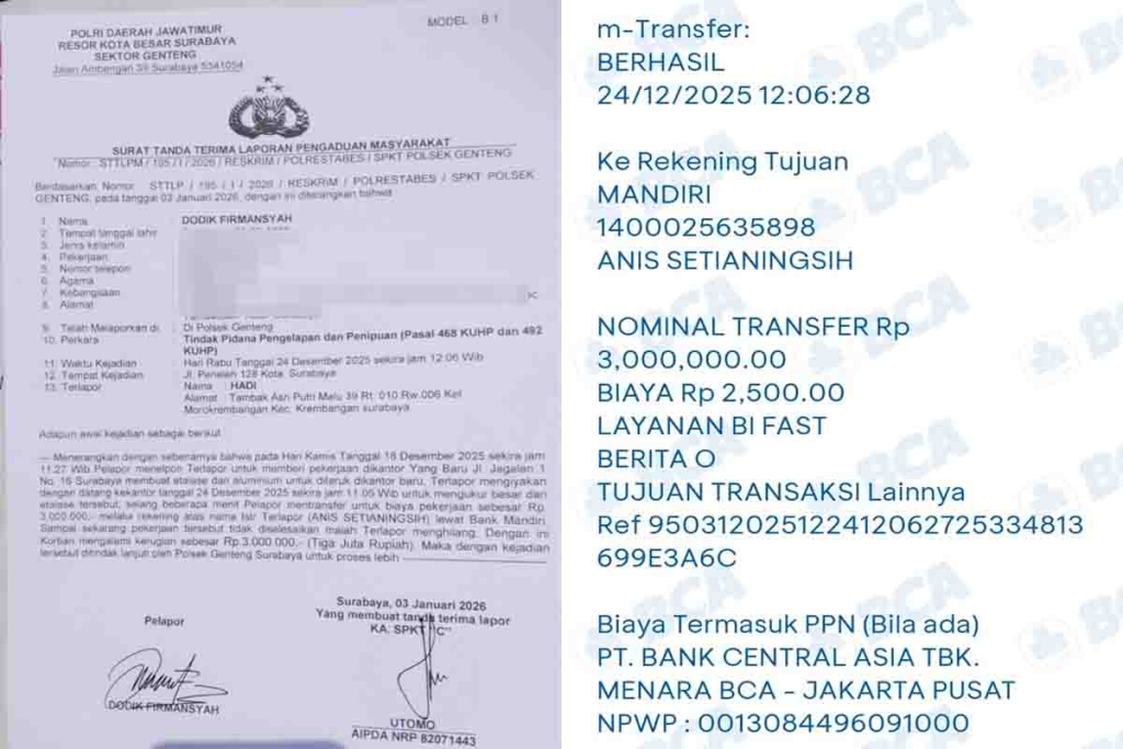 Laporan ke Polsek Genteng dengan Terlapor Hadi
