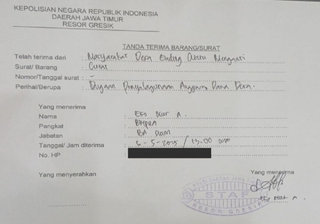 Tanda bukti laporan pengaduan warga Desa Gadingwatu ke Polres Gresik