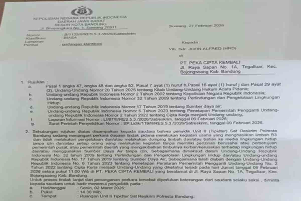 Surat panggilan dari Polresta Bandung