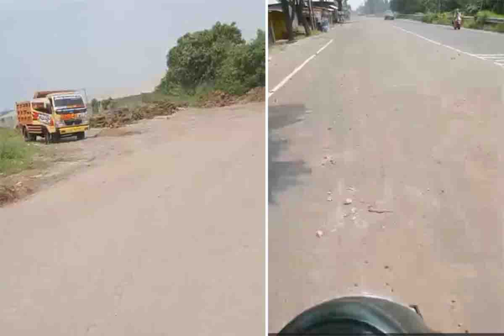 Ceceran tanah urug di Jalan Raya Krikilan, Desa Krikilan