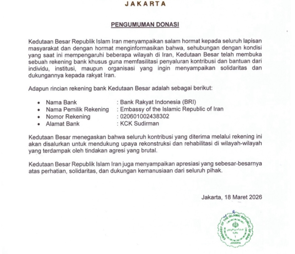 Pengumuman pembukaan donasi oleh Kedubes Iran