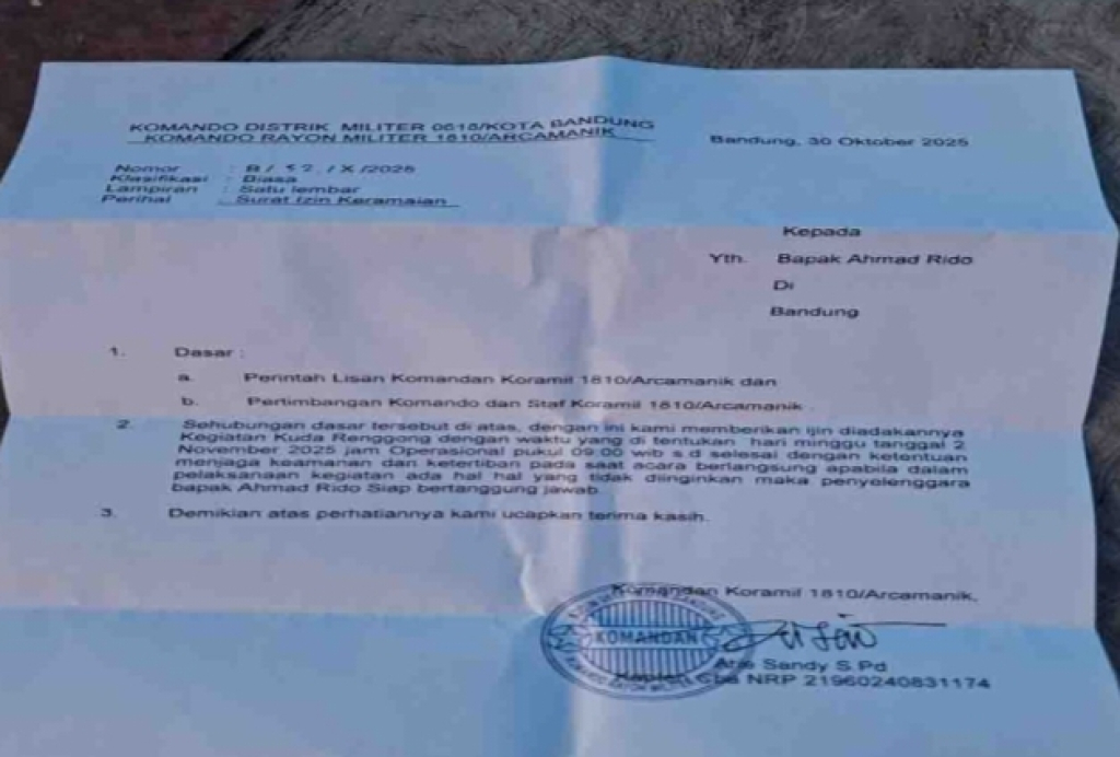 Surat  yang diterbitkan Koramil Arcamanik