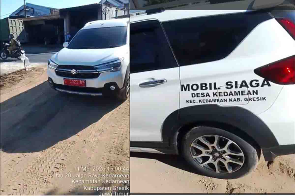 Mobil Siaga Desa Kedamean yang menghadap proyek urugan