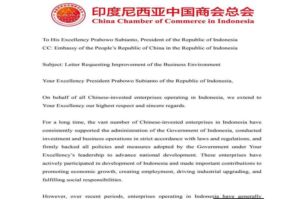 Surat dari Kadin China untuk Presiden Prabowo Subianto