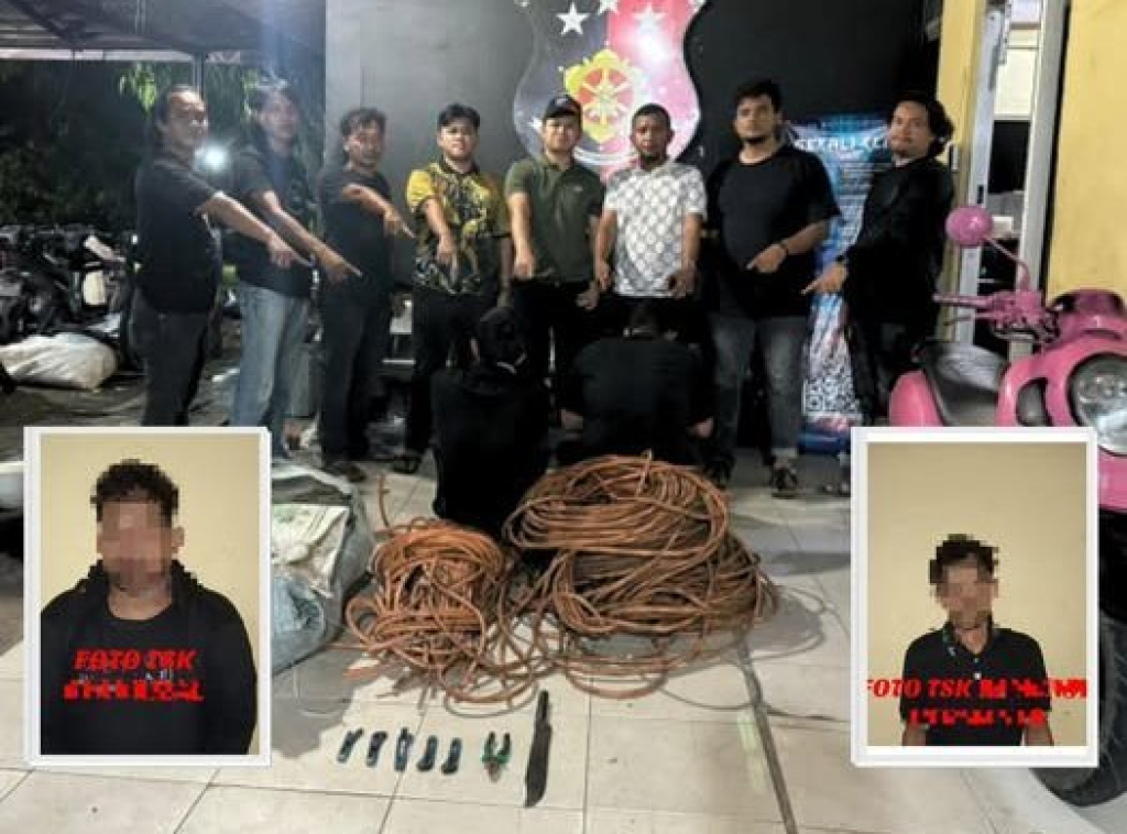 Pelaku pencurian kabel milik PT Petronesia Benimel dan barang buktinya