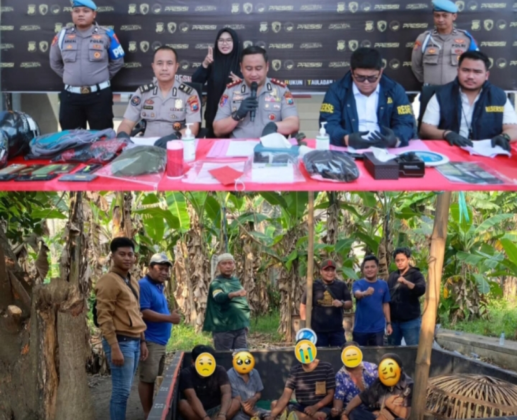 Kapolres Gresik saat konpers kasus sabung ayam. Foto bawah : 6 pelaku perjudian