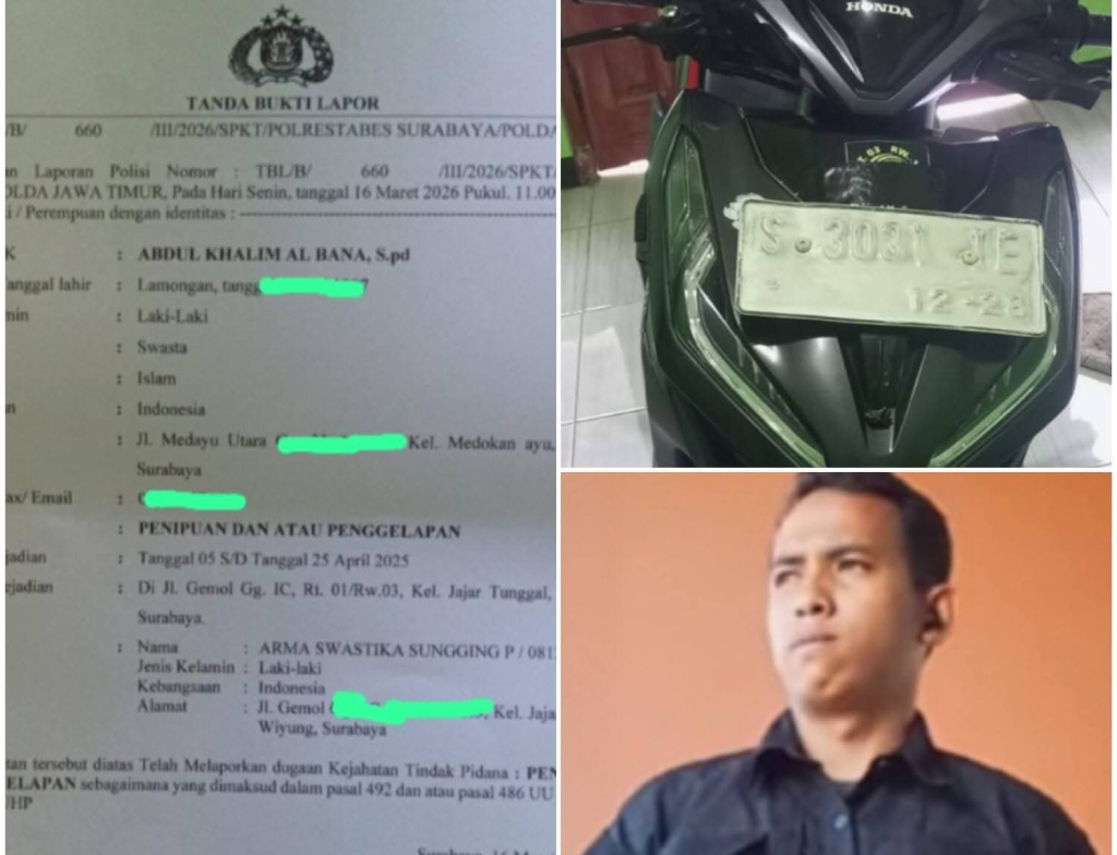 Arma Swastika Sungging, surat laporan polisi, dan sepeda motor yang BPKB nya digadaikan