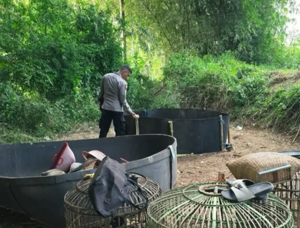Petugas Polsek Cibatu mengamankan barang bukti sabung ayam