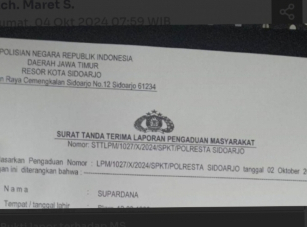 Bukti lapor terhadap MS